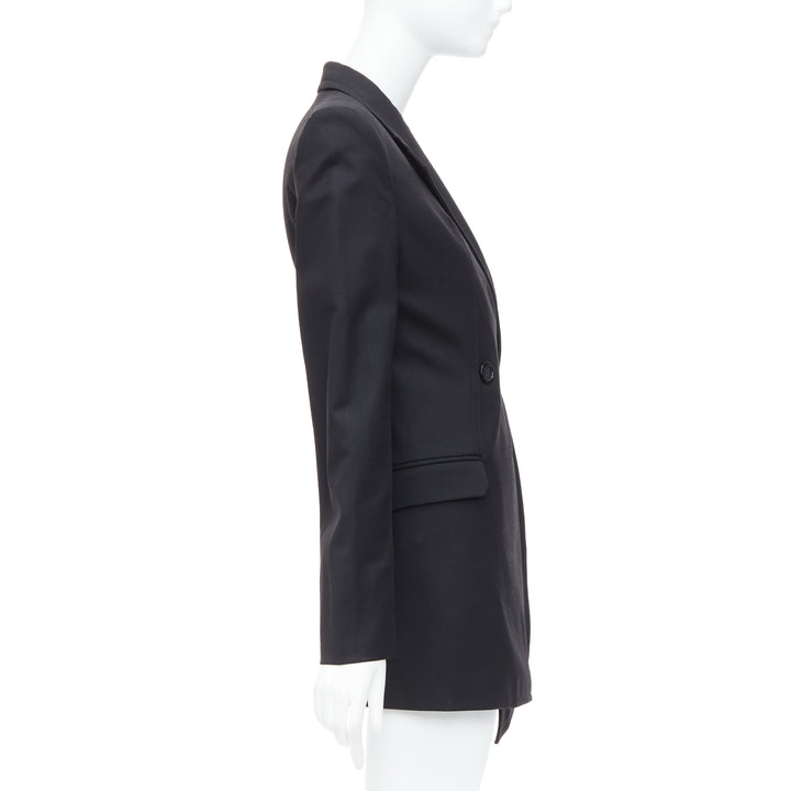 HELMUT LANG black virgin wool blend twill flare long blazer US0 XS