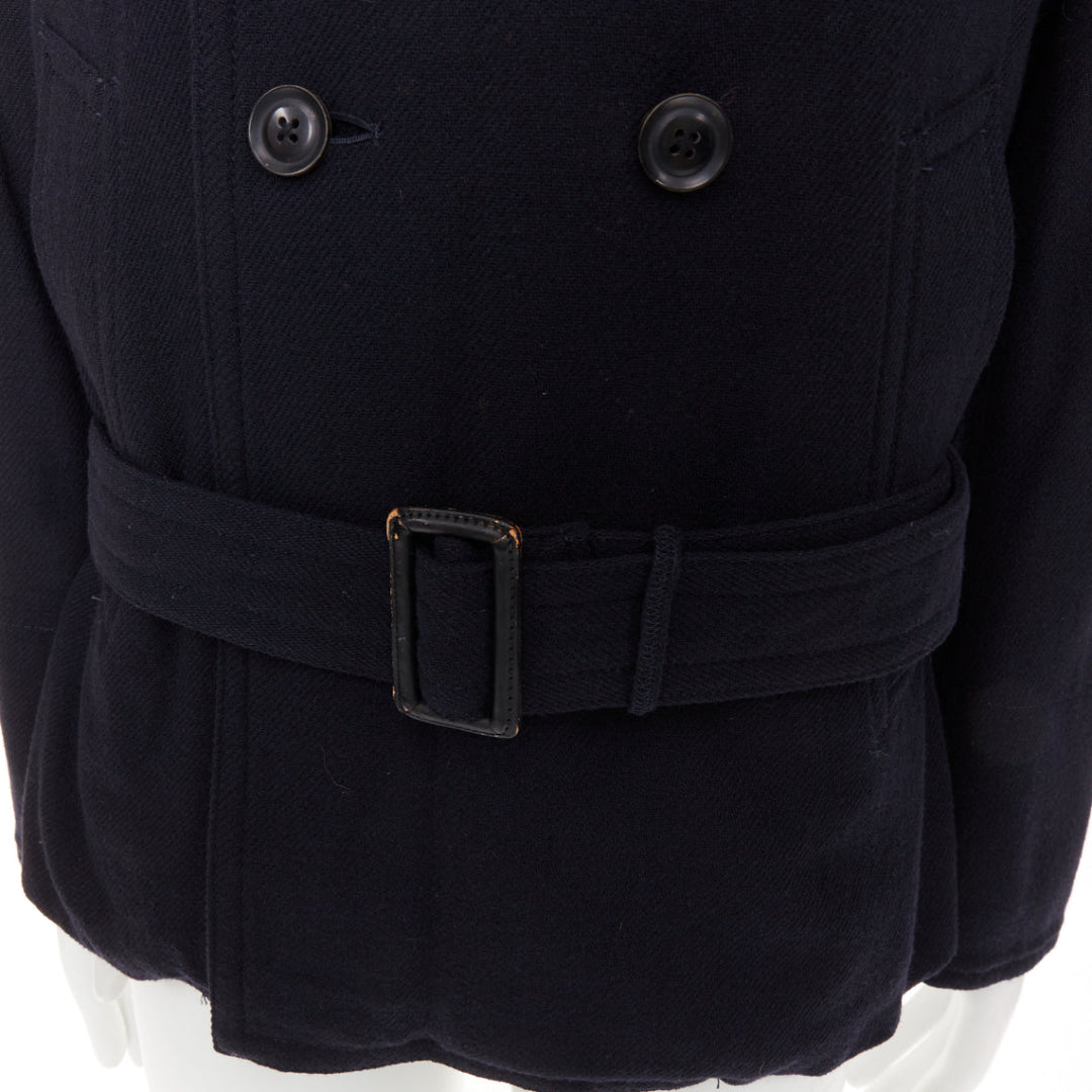 Y'S YOHJI YAMAMOTO black wool double breasted belted short peacoat jacket JP3 L