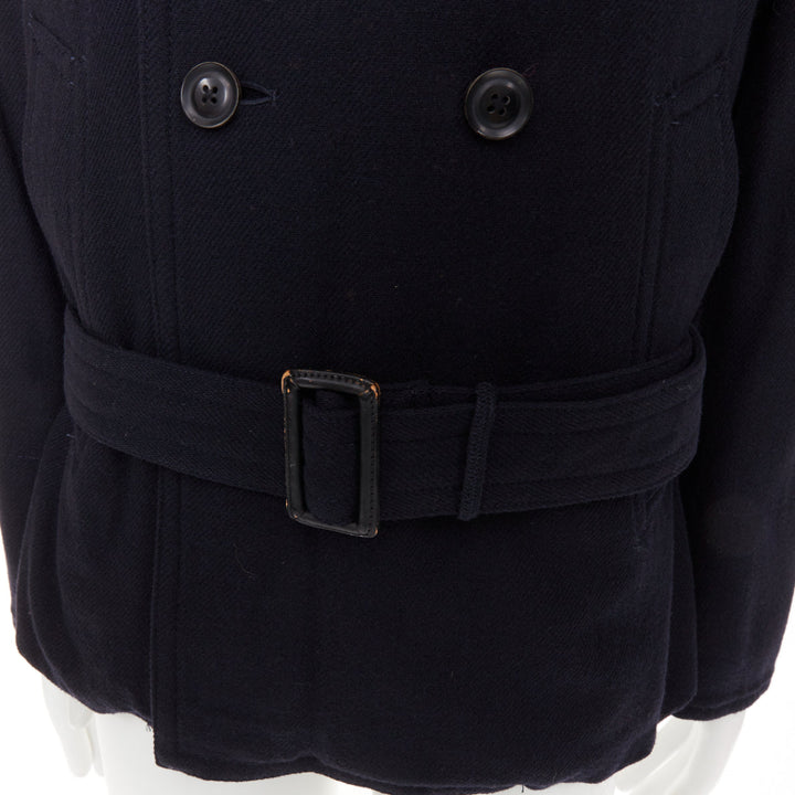 Y'S YOHJI YAMAMOTO black wool double breasted belted short peacoat jacket JP3 L