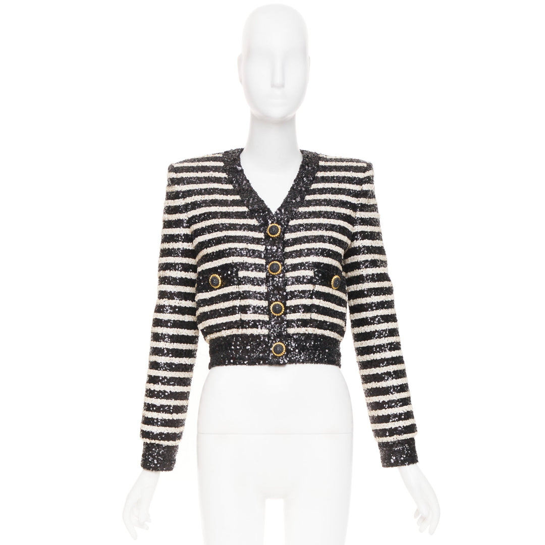 BALMAIN 2024 stripe sequined v neck lion button cropped evening jacket FR34 XS