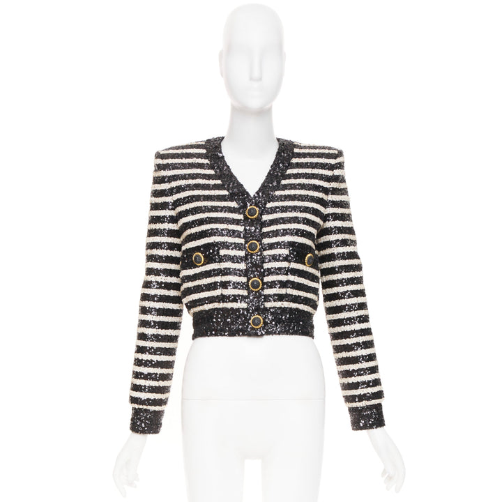 BALMAIN 2024 stripe sequined v neck lion button cropped evening jacket FR34 XS