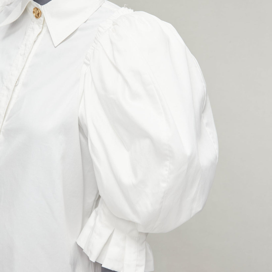 AJE white cotton puff shoulder gold button rounded hem shirt AU6 XS