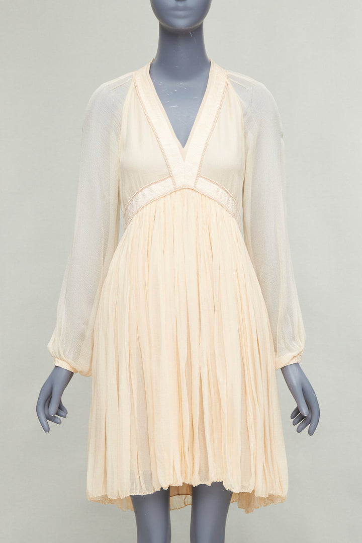 CHLOE 100% pinky beige silk chiffon plunge pleated knee boho dress FR34 XS