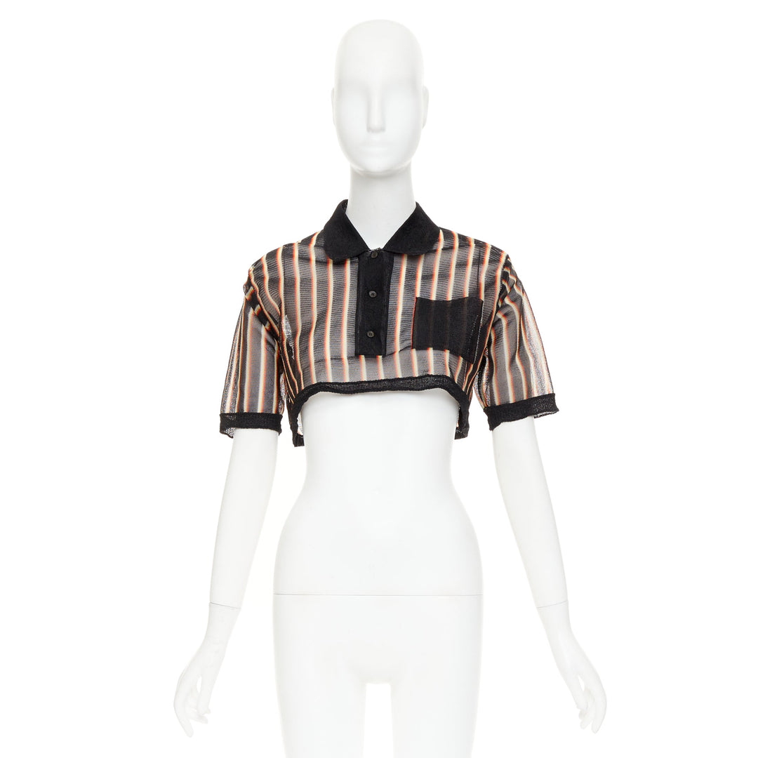 rare MIU MIU 2015 Vintage Psychedelic striped sheer cropped polo shirt IT36 XXS