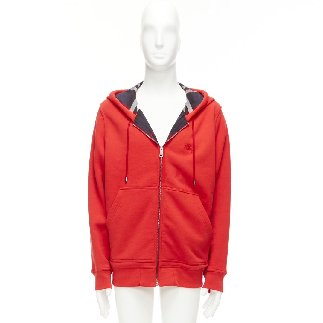 BURBERRY red cotton blend house check lined logo oversized hoodie XS