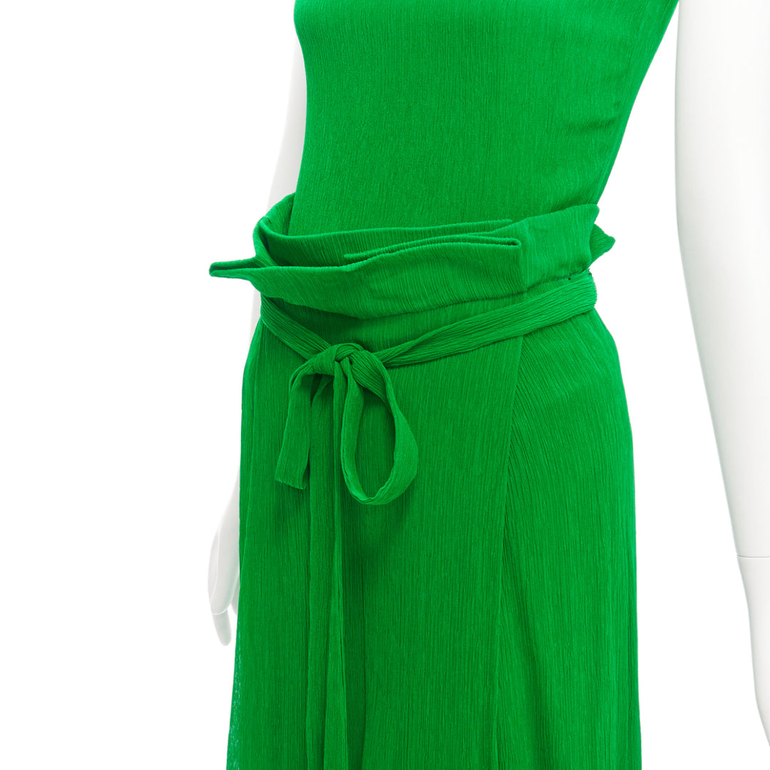 PROTAGONIST kelly green plisse silk lined tie belt wrap skirt set US0 XS