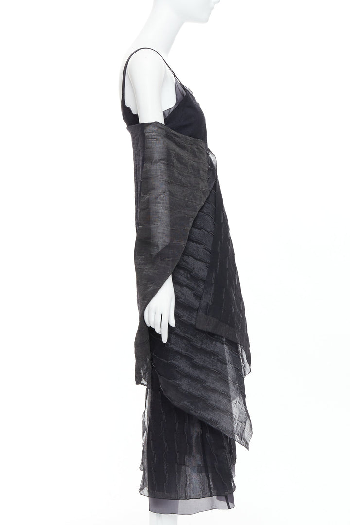 rare ROMEO GIGLI Vintage black wool blend crinkled dress sheer shawl IT42 M