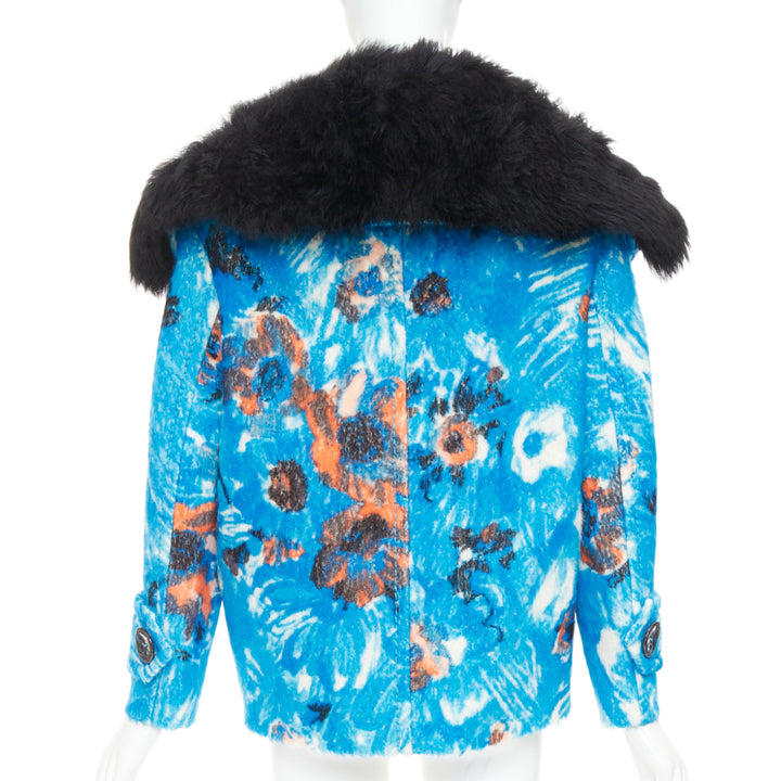 PRADA 2017 Runway blue alpaca wool abstract floral fur collar pea coat IT36 XS