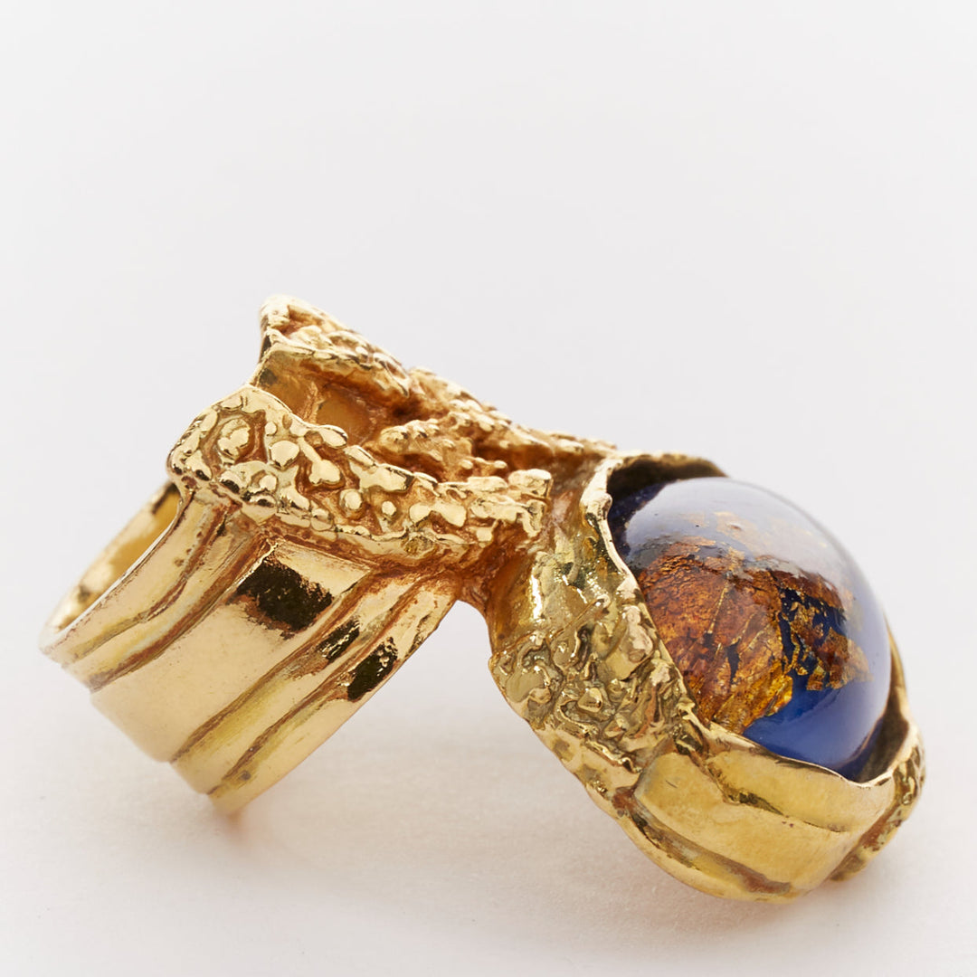 YVES SAINT LAURENT YSL Arty gold tone blue lapis foil enamel cabochon ring US7