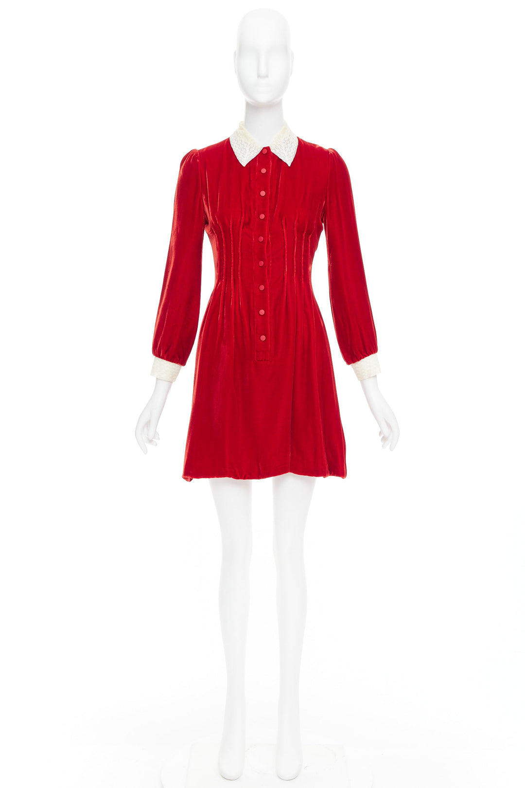 DIOR 2017 Runway red crushed velvet cream lace trim pleated dress FR34 XS