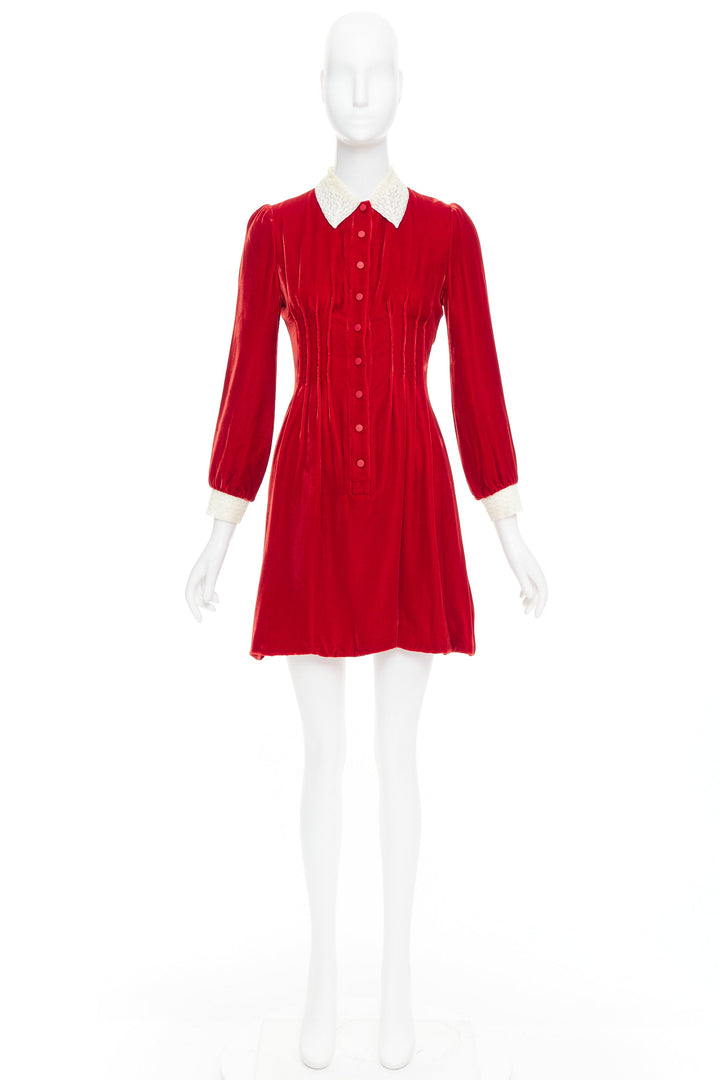 DIOR 2017 Runway red crushed velvet cream lace trim pleated dress FR34 XS