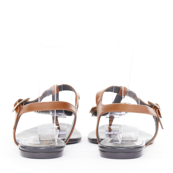 ROGER VIVIER Chips brown leather gold buckle tstrap comfort thong sandals EU37
