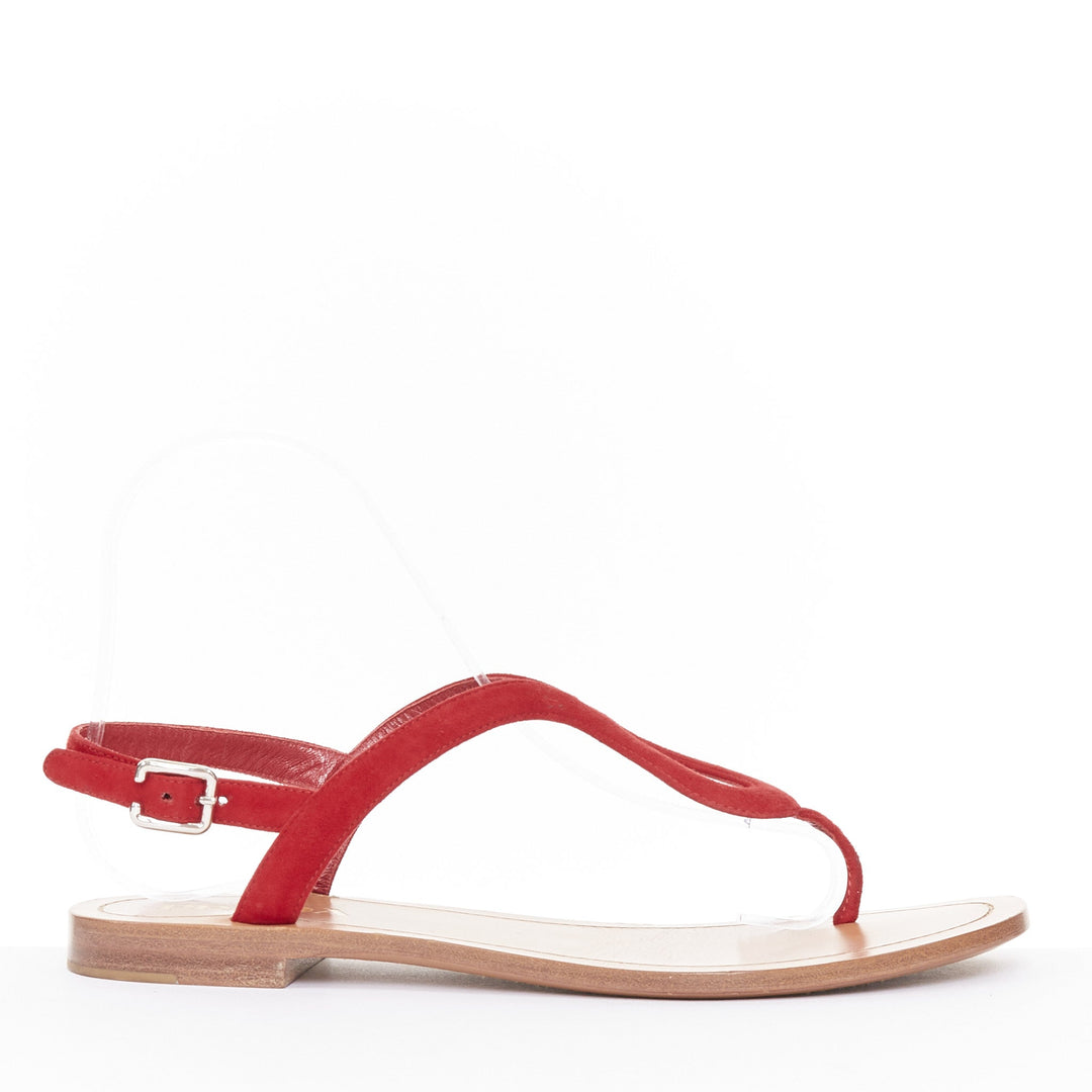 PRADA red suede leather wavy tstrap thong ankle buckle comfort flat sandals EU37