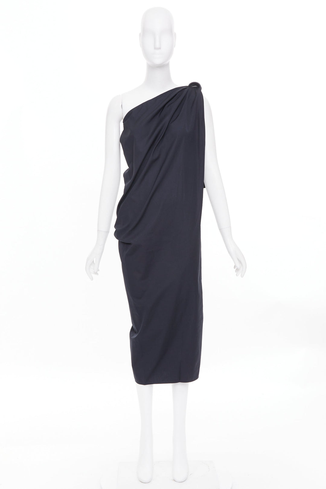 MAX MARA Sfilata black asymmetric draped cotton leather trim midi dress IT36 XXS