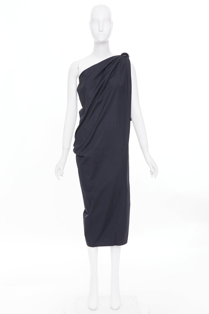 MAX MARA Sfilata black asymmetric draped cotton leather trim midi dress IT36 XXS