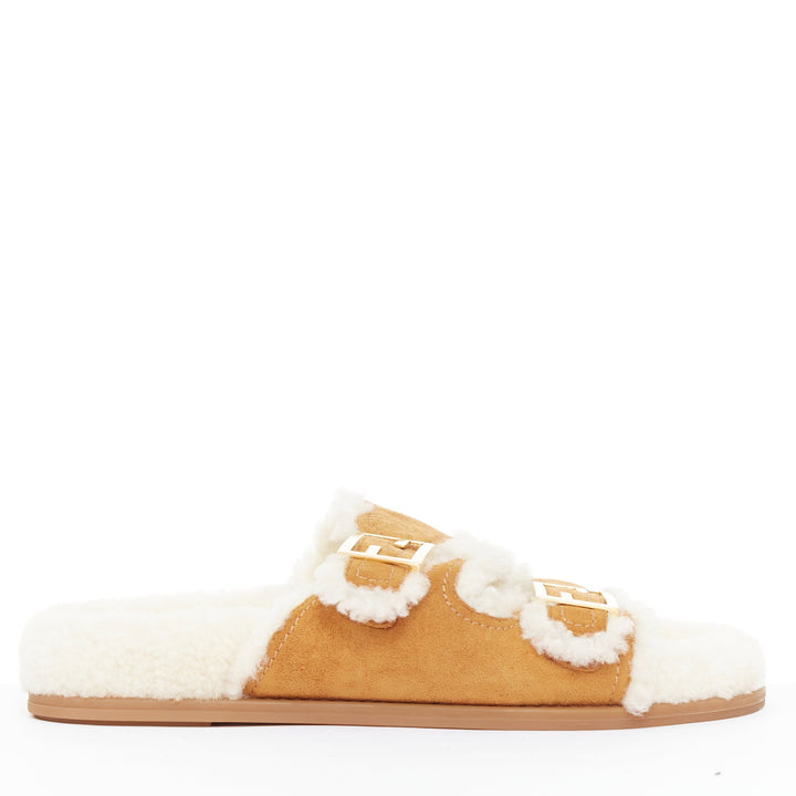 FENDI Feel tan brown suede shearling gold FF buckle sandal slides EU38