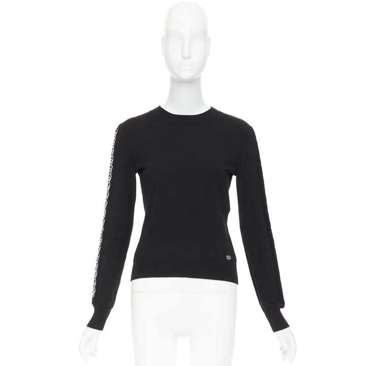 CHANEL 21A black wool sequin CC logo stripe sleeve crewneck pullover FR34 XS