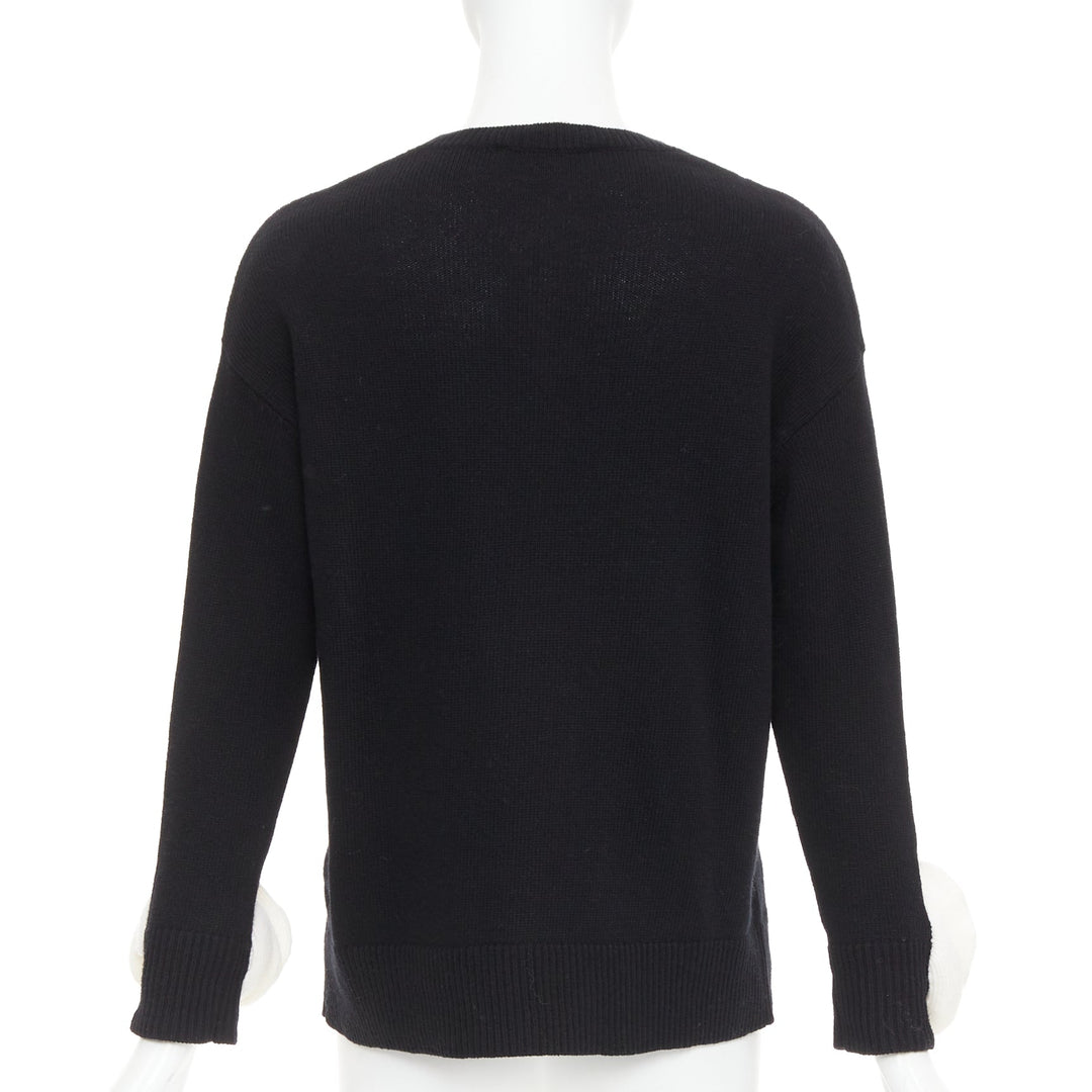 VALENTINO 2024 black virgin wool cream 3D Flower cuff crew neck sweater XS