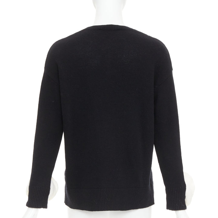 VALENTINO 2024 black virgin wool cream 3D Flower cuff crew neck sweater XS