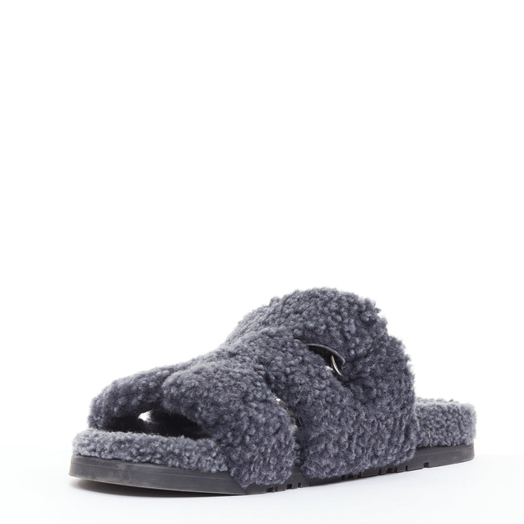 HERMES Chypre grey shearling H adjustable strap techno sandal EU41