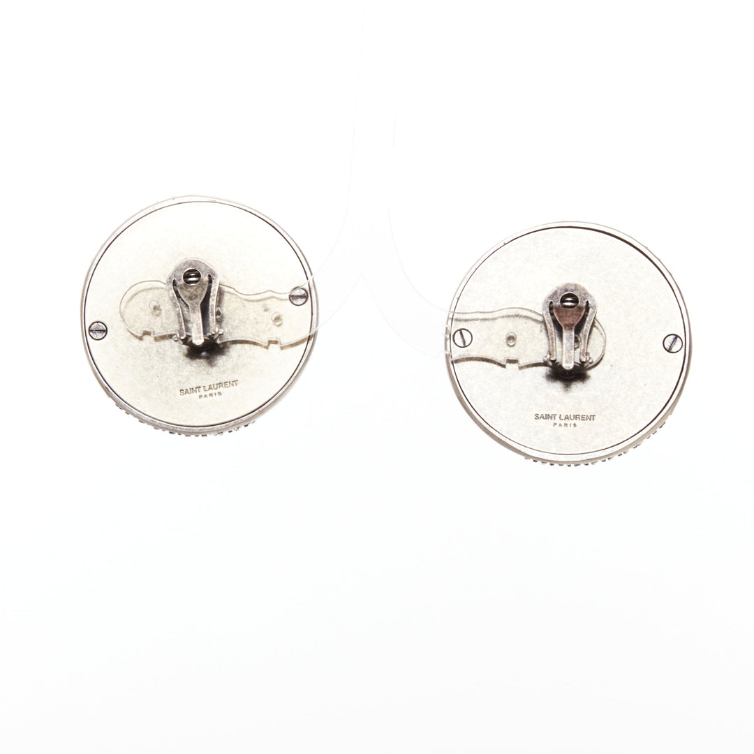 SAINT LAURENT crystal embellished aged silver metal dome clip on earrings Pair