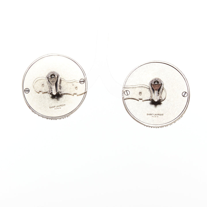 SAINT LAURENT crystal embellished aged silver metal dome clip on earrings Pair