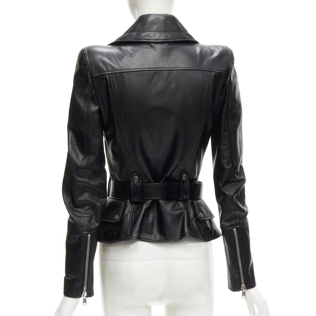 ALEXANDER MCQUEEN 2010 black leather belted peplum biker jacket IT38 XS