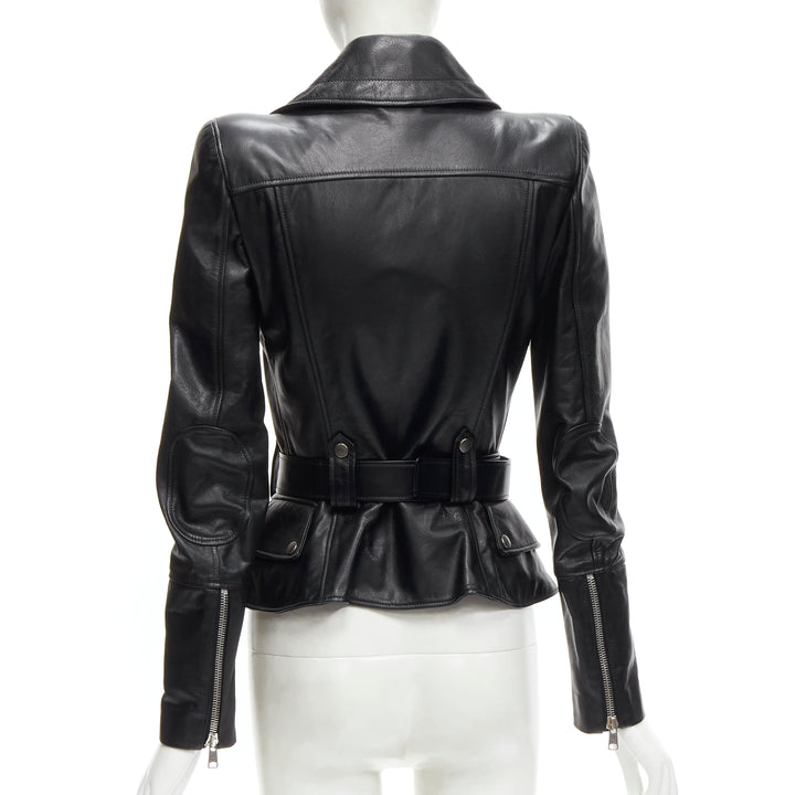 ALEXANDER MCQUEEN 2010 black leather belted peplum biker jacket IT38 XS