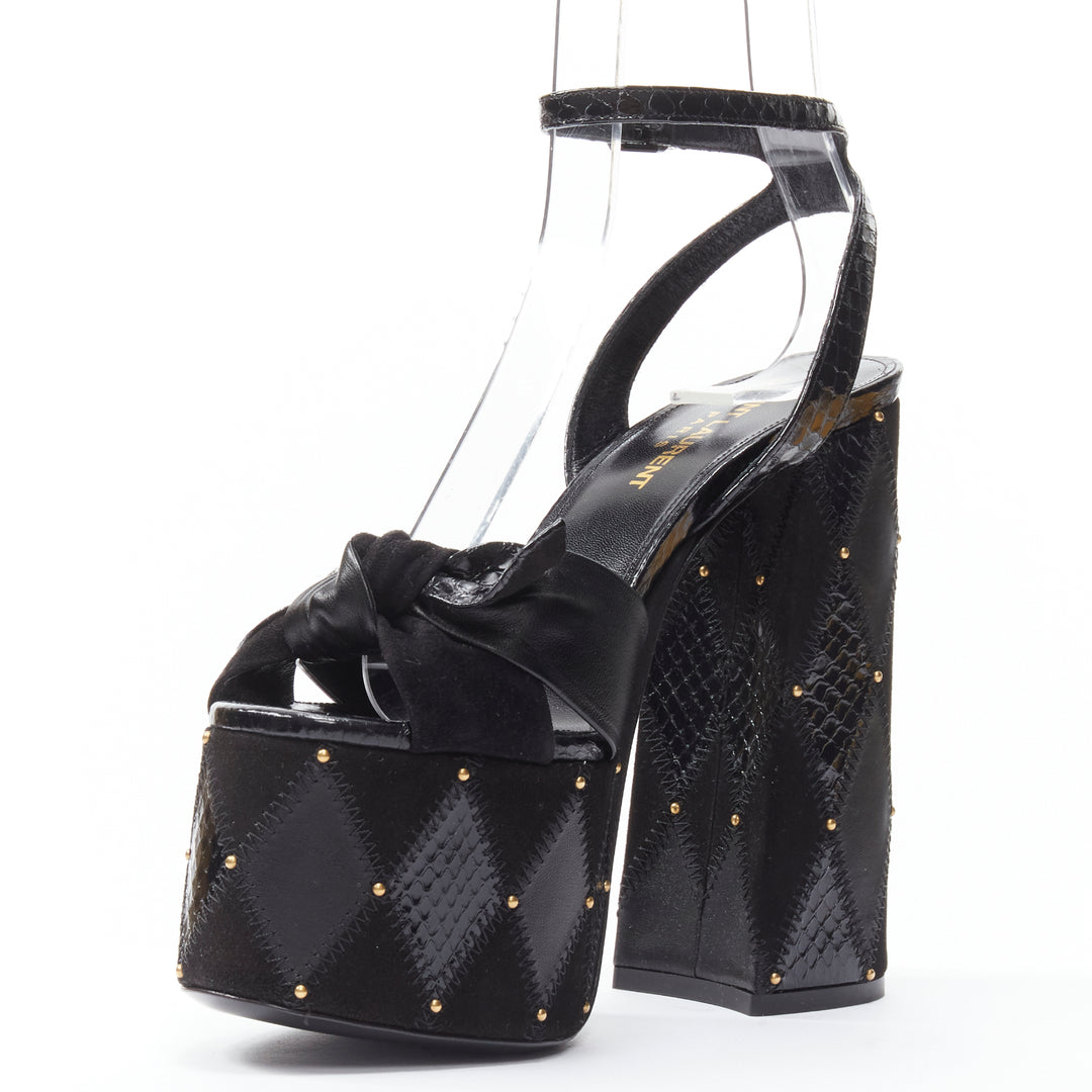 SAINT LAURENT Paige 85 Runway black patchwork stud platform sandals EU38