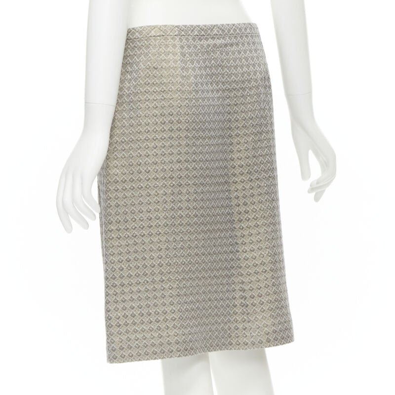 DRIES VAN NOTEN gold coated jacquard cotton belted knee lnegth skirt FR36 S