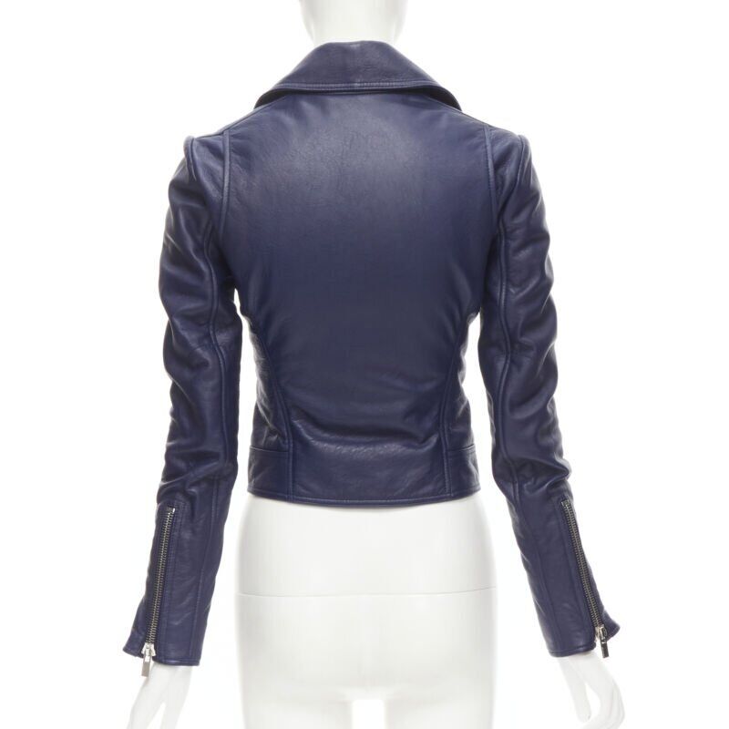 BALENCIAGA 2014 dark blue lambskin leather cropped fit biker jacket FR34 XS