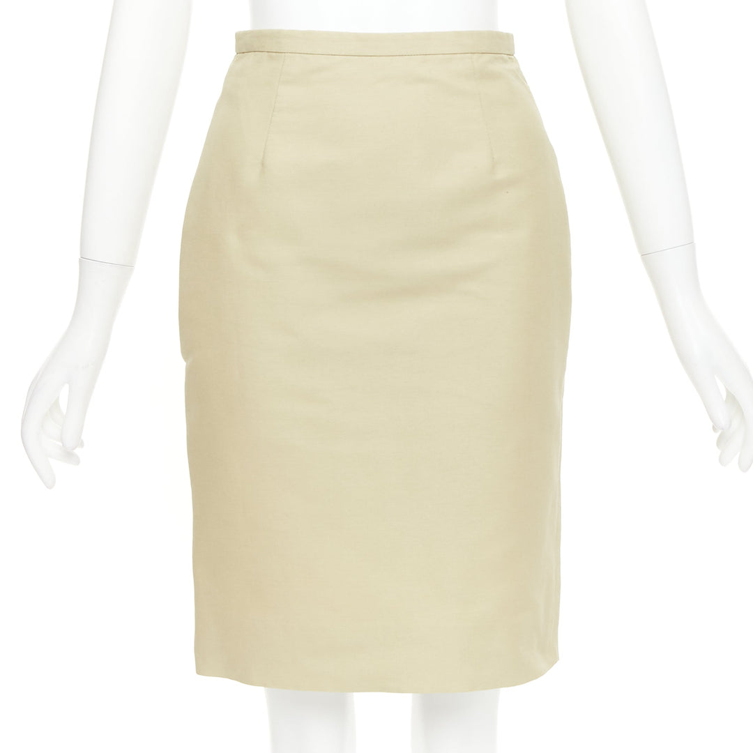 VALENTINO khaki cotton silk darted high waist back slit pencil skirt US2 S