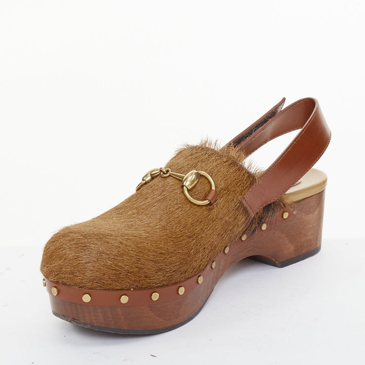 GUCCI 2015 brown calf hair horsebit studded slingback wood clogs EU38