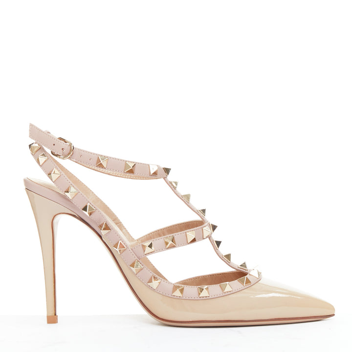 VALENTINO Rockstud 100 nude patent gold studded caged stiletto heels EU38