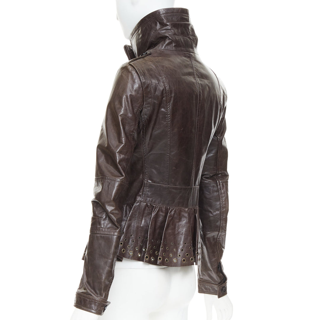 PATRIZIA PEPE brown stiff leather eyelet stud high collar biker jacket IT42 M