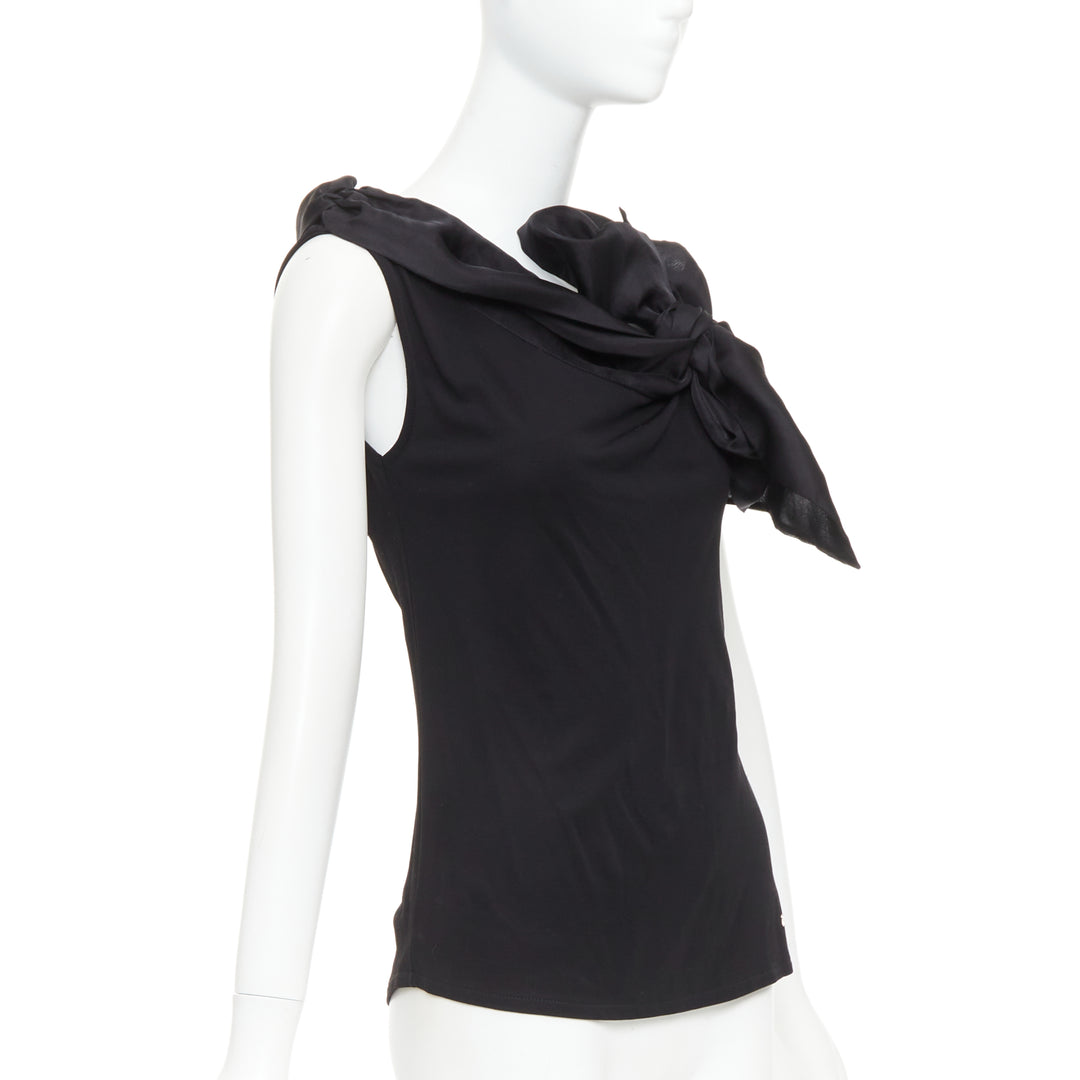 CAROLINA HERRERA black viscose silk bow asymmetric vest top S