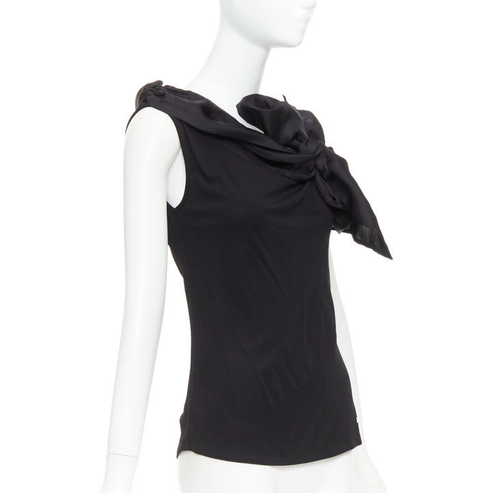CAROLINA HERRERA black viscose silk bow asymmetric vest top S