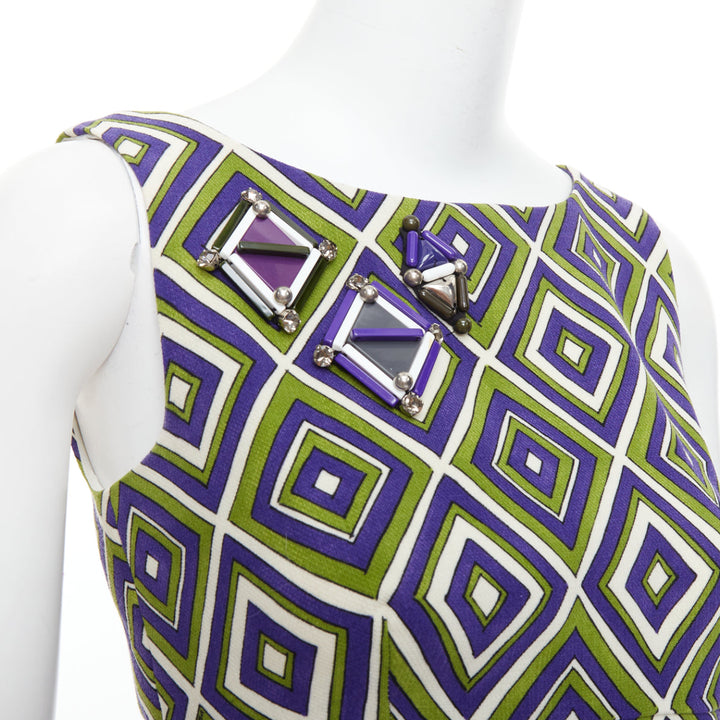 PRADA 2012 Runway green purple resin applique mod mini dress IT38 XS