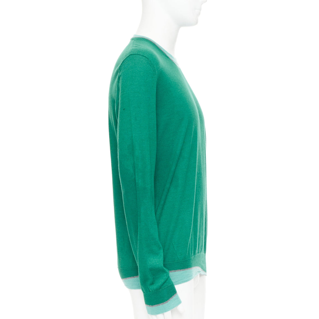 HERMES cashmere silk blend green blue border trompe loeil crewneck sweater