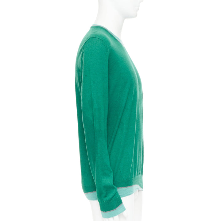 HERMES cashmere silk blend green blue border trompe loeil crewneck sweater