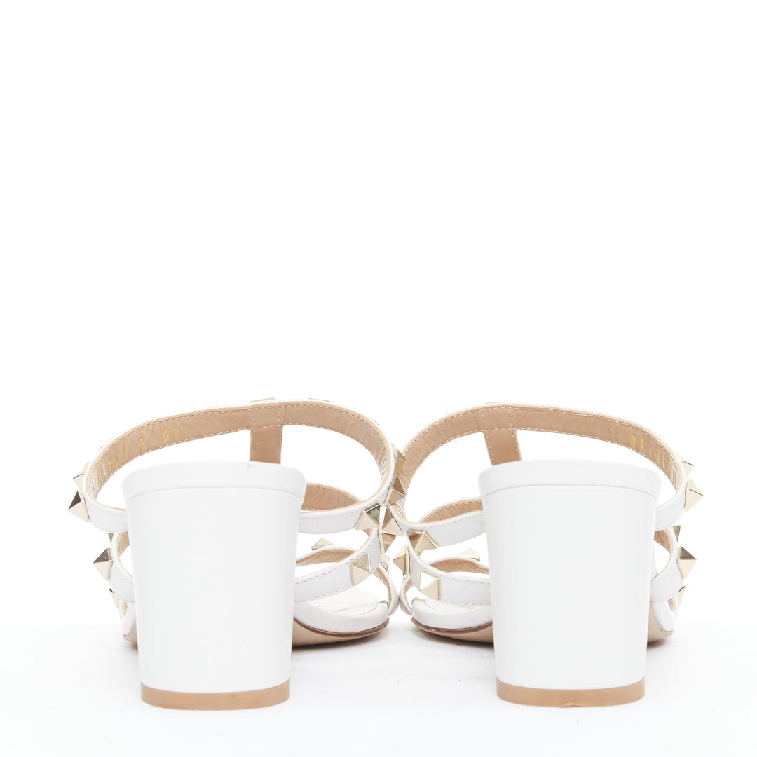 VALENTINO Rockstud 60 white leather gold stud caged block sandals EU39