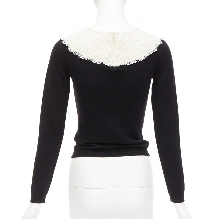 VALENTINO black cream beaded lace collar virgin wool cashmere crop sweater XS