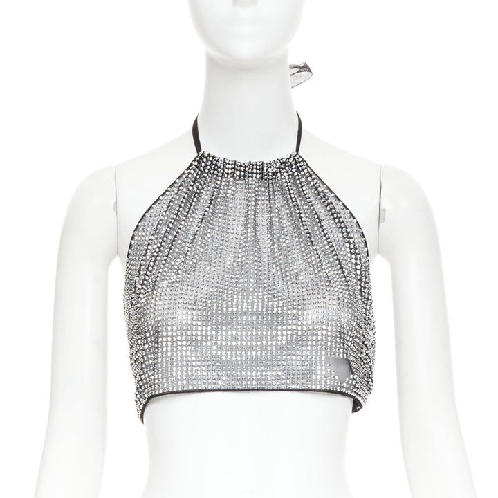 PRADA 2021 silver crystal rhinestone mesh halter neck crop top IT36 XXS