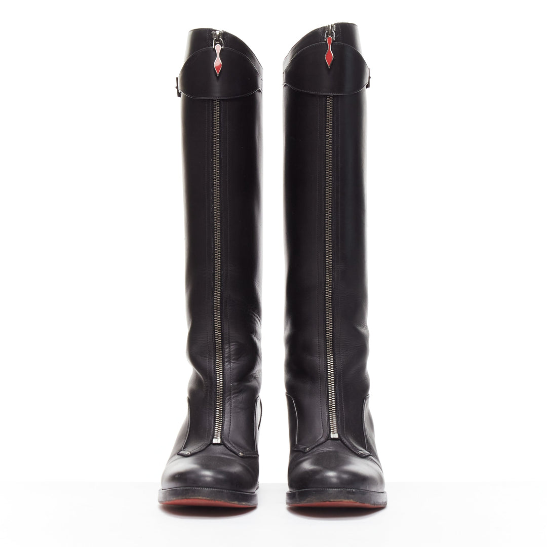 CHRISTIAN LOUBOUTIN black leather zip front concealed wedge riding boot EU40