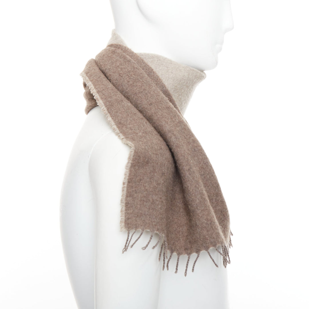 HERMES taupe brown cashmere wool reversible fringed long scarf