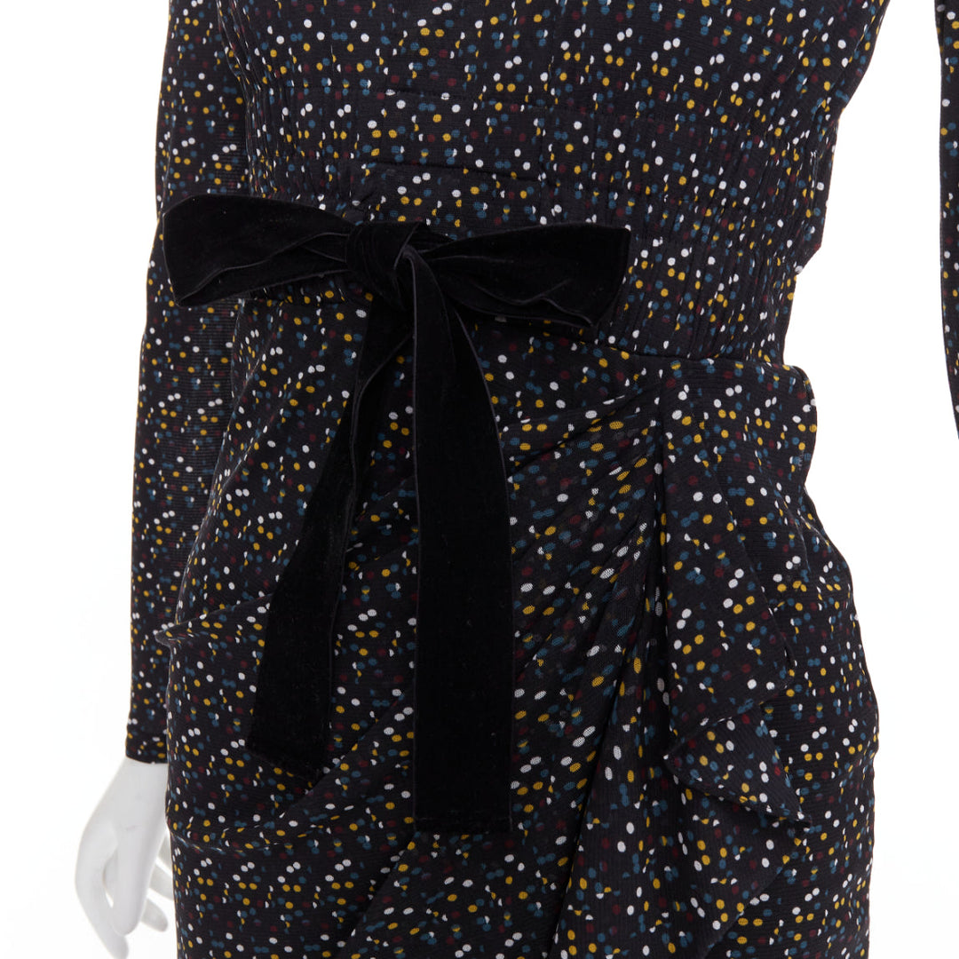 DIANE VON FURSTENBERG black multicolour polka dot bow wrap dress S