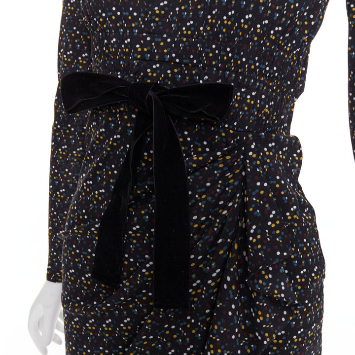 DIANE VON FURSTENBERG black multicolour polka dot bow wrap dress S