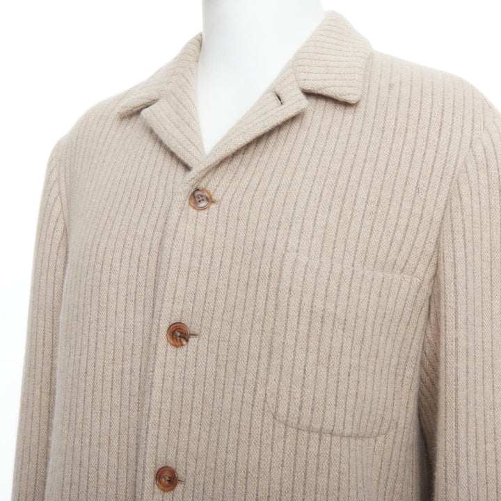 HERMES Angora Wool Cashgora beige verticle stripe knit boxy blazer FR48 M