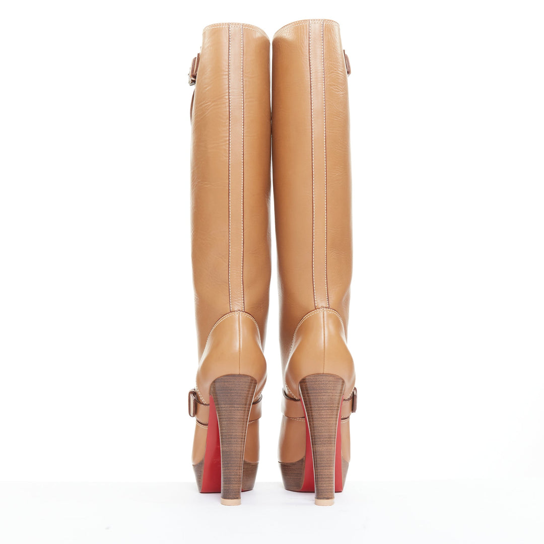 CHRISTIAN LOUBOUTIN Harletty 140 tan calf wood platform knee high boots EU39