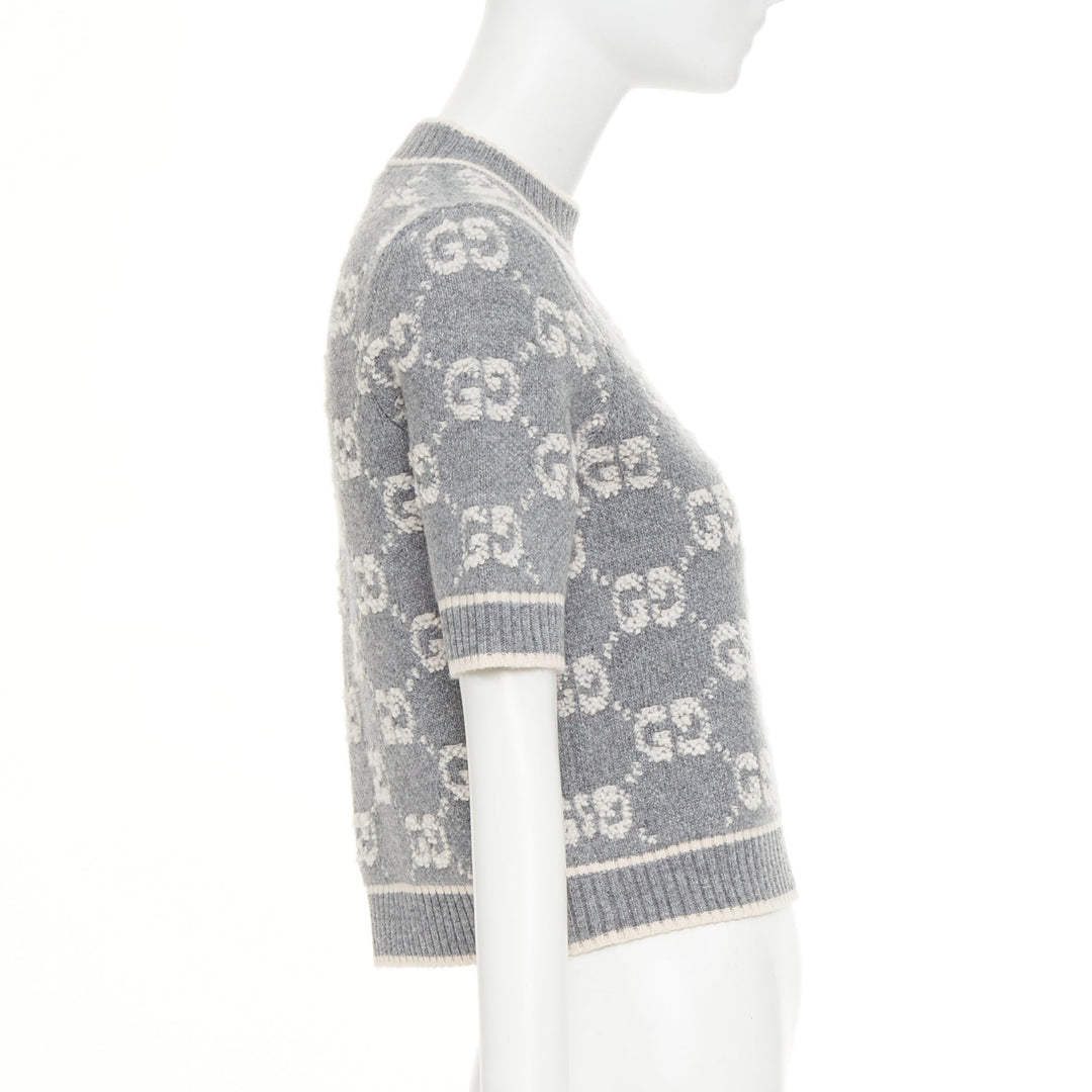 GUCCI grey pale pink wool GG monogram intarsia boucle crop sweater XS